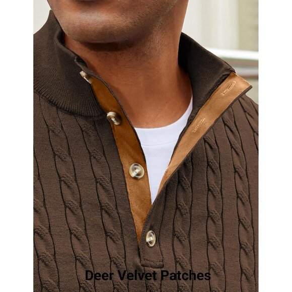 Men's Cable Knitted Pullover Sweaters Long Sleeve Stand Collar Button Up Brown - Picture 4 of 6